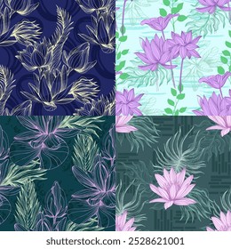 Seamless Pattern with tropical leaves and lotus. Color sketch style hand drawn background. Detailed illustration, hand drawn. Great for fabric and textile, prints, invitation, packaging