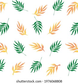 Seamless pattern with tropical leaves, Luxury design with nature leaves, Line art with green and gold leaves on a white background. Hand drawn outline design for fabric, print, cover, banner and invit