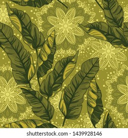 Seamless pattern with tropical leaves and mandala ornaments, natural green palette, vector illustration