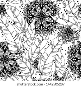 Seamless pattern with tropical leaves and mandala ornaments, black and white, vector illustration