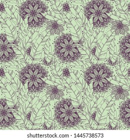 Seamless pattern with tropical leaves and mandala ornaments,  vector illustration