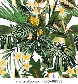 Seamless pattern with tropical leaves and many kind of flowers. Bright green palm monstera leaves on the white background. Tropical illustration. 