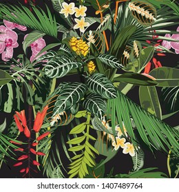 Seamless pattern with tropical leaves and many kind of flowers. Bright green palm monstera leaves on the black background. Tropical illustration. 