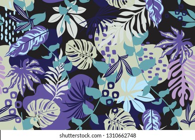 Seamless pattern with tropical leaves in Memphis style. Hawaii's exotic landscape is a tropical paradise. Designed for fabrics, textiles, wrapping paper.