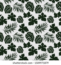 seamless pattern with tropical leaves in monochrome colors, simple ornament