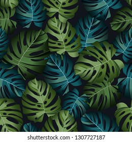 Seamless pattern with tropical leaves: monstera, jungle leaf seamless vector pattern dark background. Swimwear botanical design. Vector.