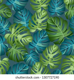 Seamless pattern with tropical leaves: monstera, jungle leaf seamless vector pattern dark background. Swimwear botanical design. Vector.