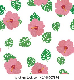 Seamless pattern of tropical leaves of monstera and hibiscus flowers on a white background.