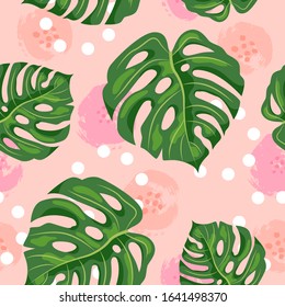 Seamless pattern with tropical leaves monstera on pink background. Vector illustration.