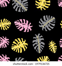 Seamless pattern with tropical leaves monstera isolated on black. Vector background for card, textile, fabric, wrapping. Yellow, gray, pink colors