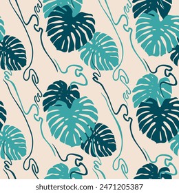 Patrón sin costuras - hojas tropicales de monstera y lianas sobre fondo de color beige - ilustración de diseño de cubierta de Vector