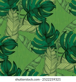 Padrão sem costura com folhas tropicais e monstera. Fundo desenhado à mão estilo de esboço de cor. Ilustração detalhada, desenhada à mão. Ótimo para tecido e têxtil, estampas, convite, embalagem