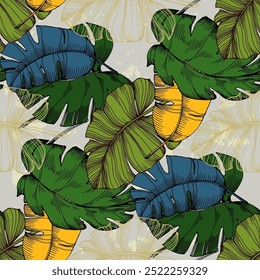 Seamless Pattern with tropical leaves and monstera. Color sketch style hand drawn background. Detailed illustration, hand drawn. Great for fabric and textile, prints, invitation, packaging