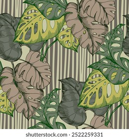 Seamless Pattern with tropical leaves and monstera. Color sketch style hand drawn background. Detailed illustration, hand drawn. Great for fabric and textile, prints, invitation, packaging
