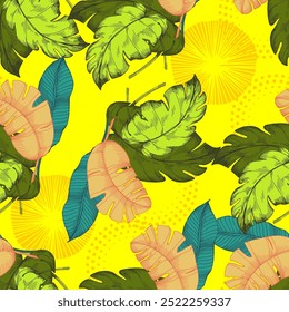 Seamless Pattern with tropical leaves and monstera. Color sketch style hand drawn background. Detailed illustration, hand drawn. Great for fabric and textile, prints, invitation, packaging