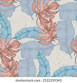 Nahtloses Muster mit tropischen Blättern und Monstera. Farbskizze Stil handgezeichneter Hintergrund. Detaillierte Abbildung, handgezeichnet. Ideal für Stoff und Textilien, Prints, Einladungen, Verpackungen