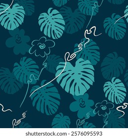 Seamless pattern - tropical leaves of monstera and lianas on dark blue background - vector cover layout illustration