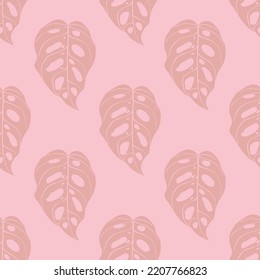 Seamless pattern with tropical leaves in nude pastel palette.