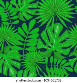 Seamless pattern with tropical leaves on the dark background. Vector illustration. Cartoon style.