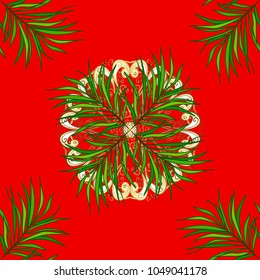 Seamless pattern with tropical leaves on abstract watercolor stains.Colorful leaves on red, green and beige background.Vector illustration.