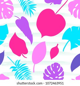 Seamless pattern of tropical leaves on the watercolor stripped background. Bright Summer floral fabric design. Vector illustration EPS 10 file.