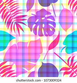 Seamless pattern of tropical leaves on the watercolor stripped background. Bright Summer floral fabric design. Vector illustration EPS 10 file.