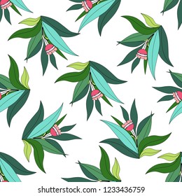 Seamless pattern with tropical leaves on white background