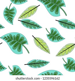 Seamless pattern with tropical leaves on white background