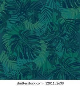Seamless pattern with tropical leaves on a dark background. Palm trees and monstera.