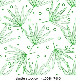 Seamless pattern of tropical leaves on a light background with dots and 

circles. Hand-drawn line drawing. Summer pattern
