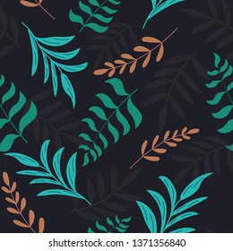 Seamless pattern with tropical leaves on a dark background. Vector design.