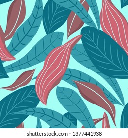 Seamless pattern of tropical leaves on blue background. Flat jungle print. Floral background.