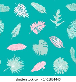 Seamless pattern with tropical leaves. on white background. Hand-drawn vector illustration.
