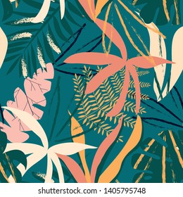 Seamless pattern with tropical leaves on dark green background. Vector design. Jungle print. Floral background.