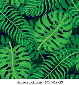 Seamless pattern with tropical leaves on a dark background.