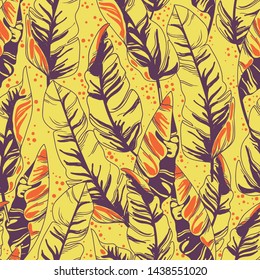Seamless pattern with tropical leaves on yellow background, sketch style vector illustration