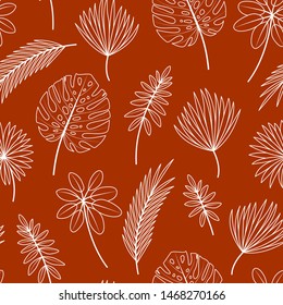 Seamless pattern with tropical leaves on red background
