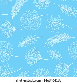 Seamless pattern with tropical leaves on blue background
