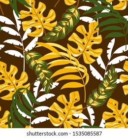 Seamless pattern with tropical leaves on dark background. Floral seamless vector tropical pattern background with exotic leaves, jungle leaf. Hand draw texture. Vector template. 