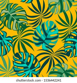 Seamless pattern with tropical leaves on yellow background. Hand draw texture. Vector template. Summer background with exotic leaves. Vector background for various surface. 