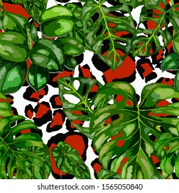 Seamless pattern with tropical leaves on leopard spots. Beautiful allover print with hand drawn exotic plants. Summer nature jungle print. Can be used for any kind of a surface design. Vector.