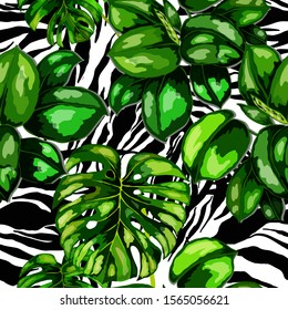 Seamless pattern with tropical leaves on zebra stripes. Beautiful allover print with hand drawn exotic plants. Summer nature jungle print. Can be used for any kind of a surface design. Vector.