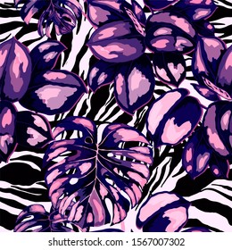 Seamless pattern with tropical leaves on zebra stripes. Beautiful allover print with hand drawn exotic plants. Summer nature jungle print. Can be used for any kind of a surface design. Vector.