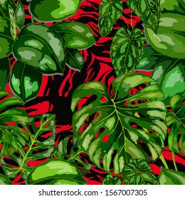 Seamless pattern with tropical leaves on zebra stripes. Beautiful allover print with hand drawn exotic plants. Summer nature jungle print. Can be used for any kind of a surface design. Vector.