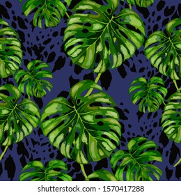 Seamless pattern with tropical leaves on cheetah spots. Hand drawn exotic plants. Summer nature jungle print. Can be used for any kind of a surface design. Vector. 