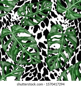 Seamless pattern with tropical leaves on cheetah spots. Hand drawn exotic plants. Summer nature jungle print. Can be used for any kind of a surface design. Vector. 