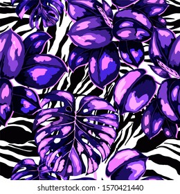 Seamless pattern with tropical leaves on zebra stripes. Hand drawn exotic plants. Summer nature jungle print. Can be used for any kind of a surface design. Vector. 