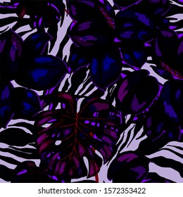 Seamless pattern with tropical leaves on zebra stripes. Hand drawn exotic plants. Summer nature jungle print. Can be used for any kind of a surface design. Vector. 