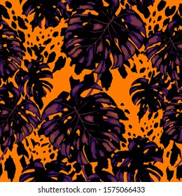 Seamless pattern with tropical leaves on cheetah spots. Hand drawn exotic plants. Summer nature jungle print. Can be used for any kind of a surface design. Vector. 