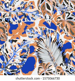 Seamless pattern with tropical leaves on leopard spots. Hand drawn exotic plants. Summer nature jungle print. Can be used for any kind of a surface design. Vector.